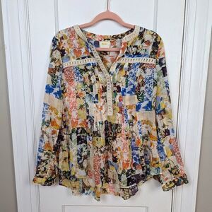 Anthropologie Maeve | Abella Pintuck Floral Blouse Patch Bohemian Size 8